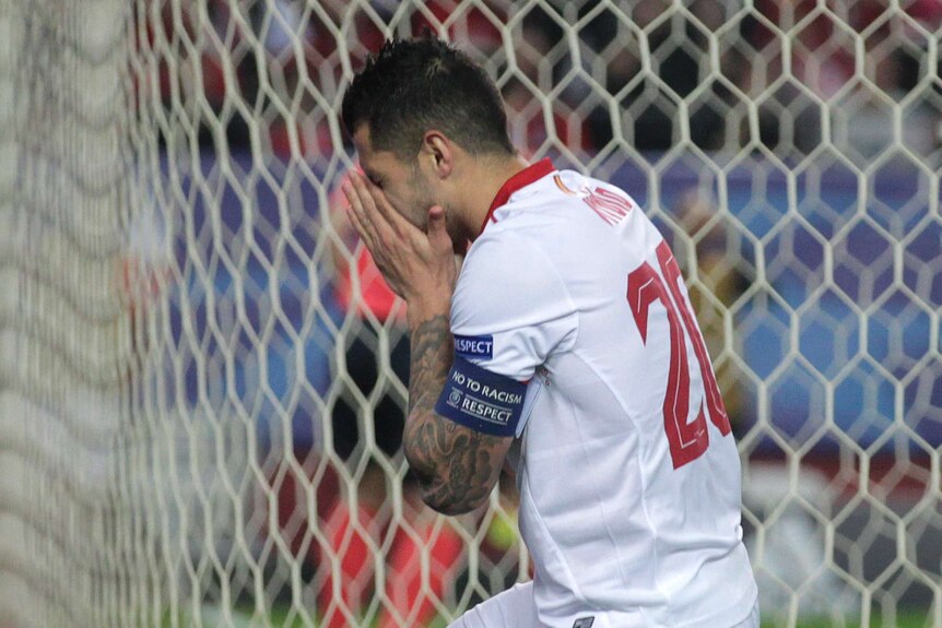 Sevilla's Vitolo reacts after his miss against Leicester in Champions League on February 22, 2017.