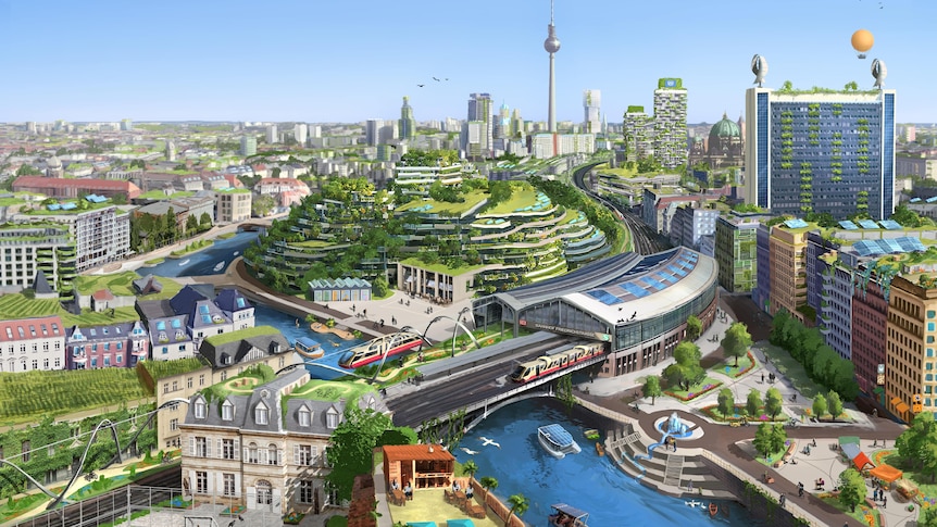 An aerial view of a futuristic, sustainable Berlin