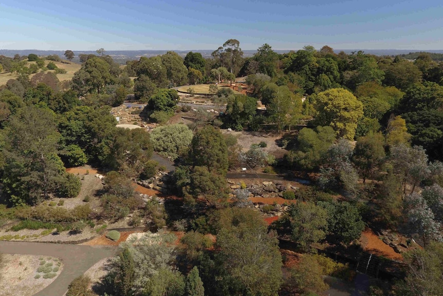 An aerial view of the Connections Garden at the Australian Botanic Garden Mount Annan in Sydney's west.