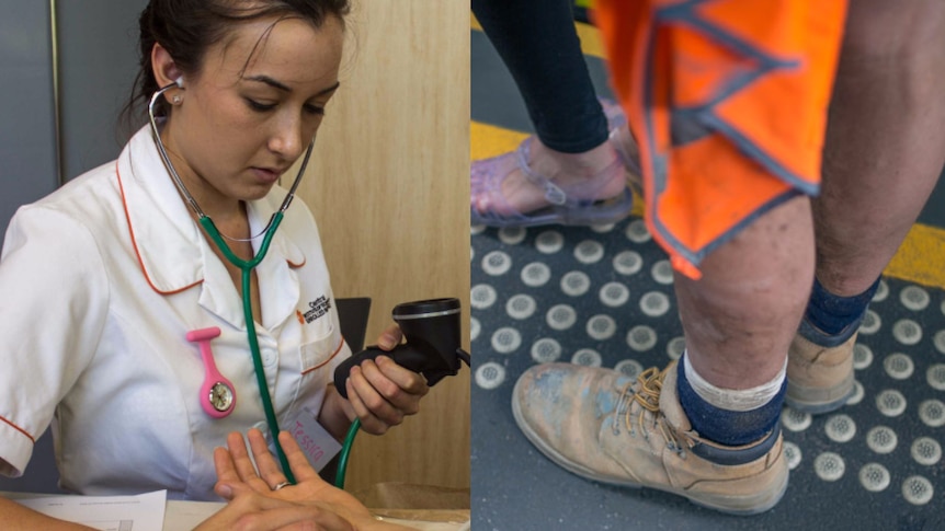 A composite image shows a nurse and a construction industry worker