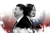 A man and a woman stand back to back against faded Chinese and Taiwanese flags in a custom graphic