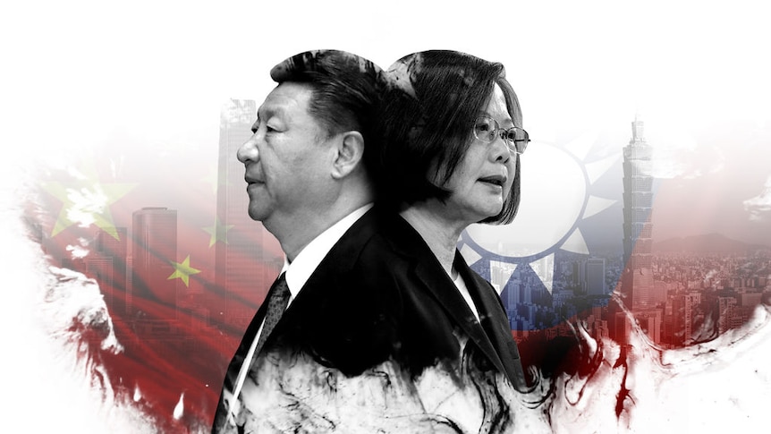 A man and a woman stand back to back against faded Chinese and Taiwanese flags in a custom graphic