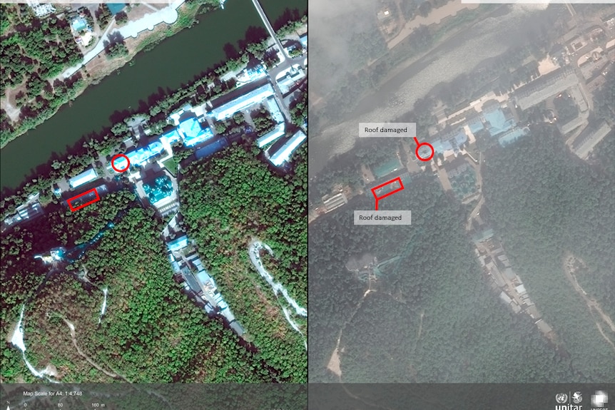 Satellite images show damage to the Holy Mountains Lavra of the Holy Dormition, a major Orthodox Christian monastery.