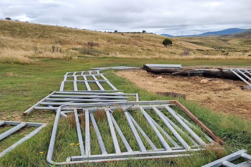 dimantled trap yard, metal fencing on ground