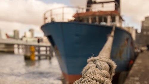 A close-up image of a rope tying a boat to a dock at port.