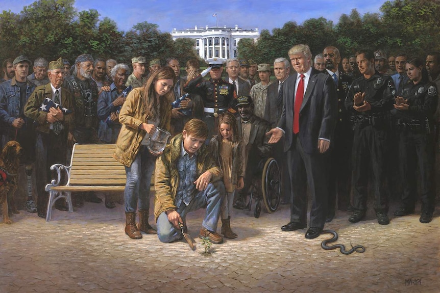 A man and woman plant a small tree, while Donald Trump smiles, standing on the head of a snake.