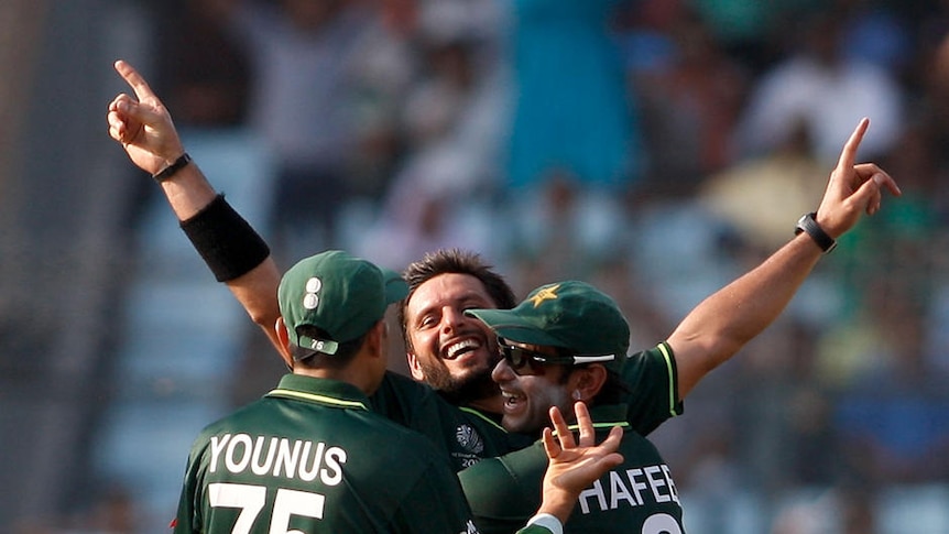 Pakistan's Shahid Afridi celebrates taking a wicket against the West Indies at the 2011 World Cup.