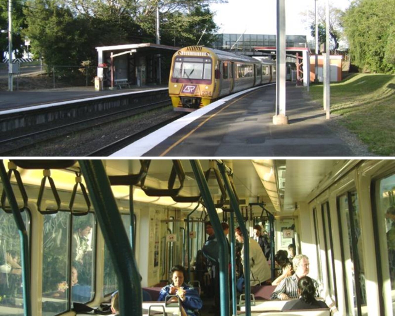 A composite image, showing a train stopped at a station and passengers pictured on-board the train.