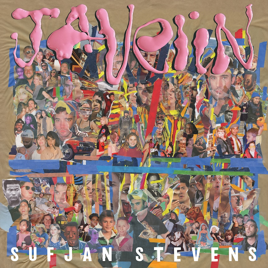 Sufjan Stevens 2023 album art with a collage of photos and pink puff text reading Javelin