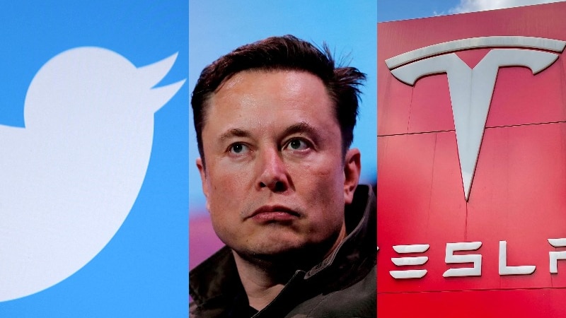 A composite image of the Twitter logo, Elon Musk and the Tesla logo. 