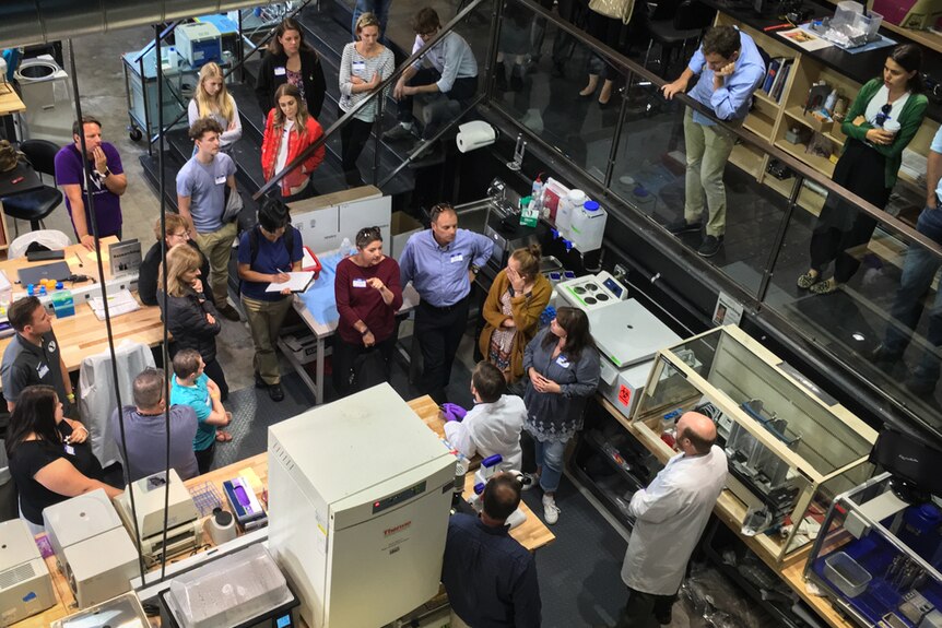 Aerial view of a group of 20 people standing around listening to a person speaking in an office.