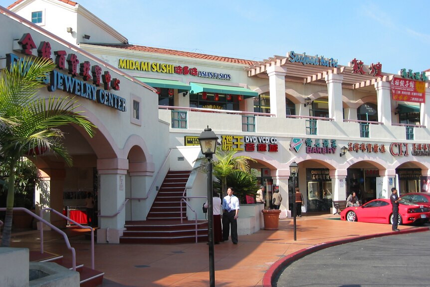 A photo of a white building with arches, part of a "new Chinatown" in San Gabriel on the outskirts of Los Angeles.