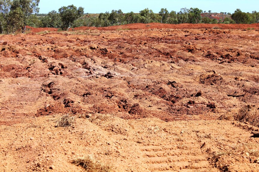 An area of turned red dirt the size of a football field surrounded by bushland