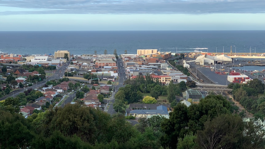 An aerial view of a seaside town.