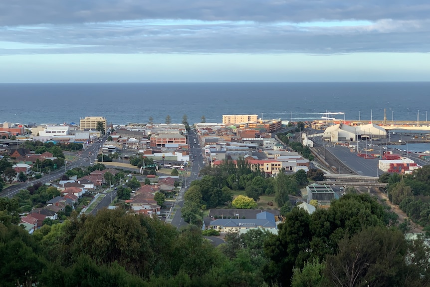 An aerial view of a seaside town.