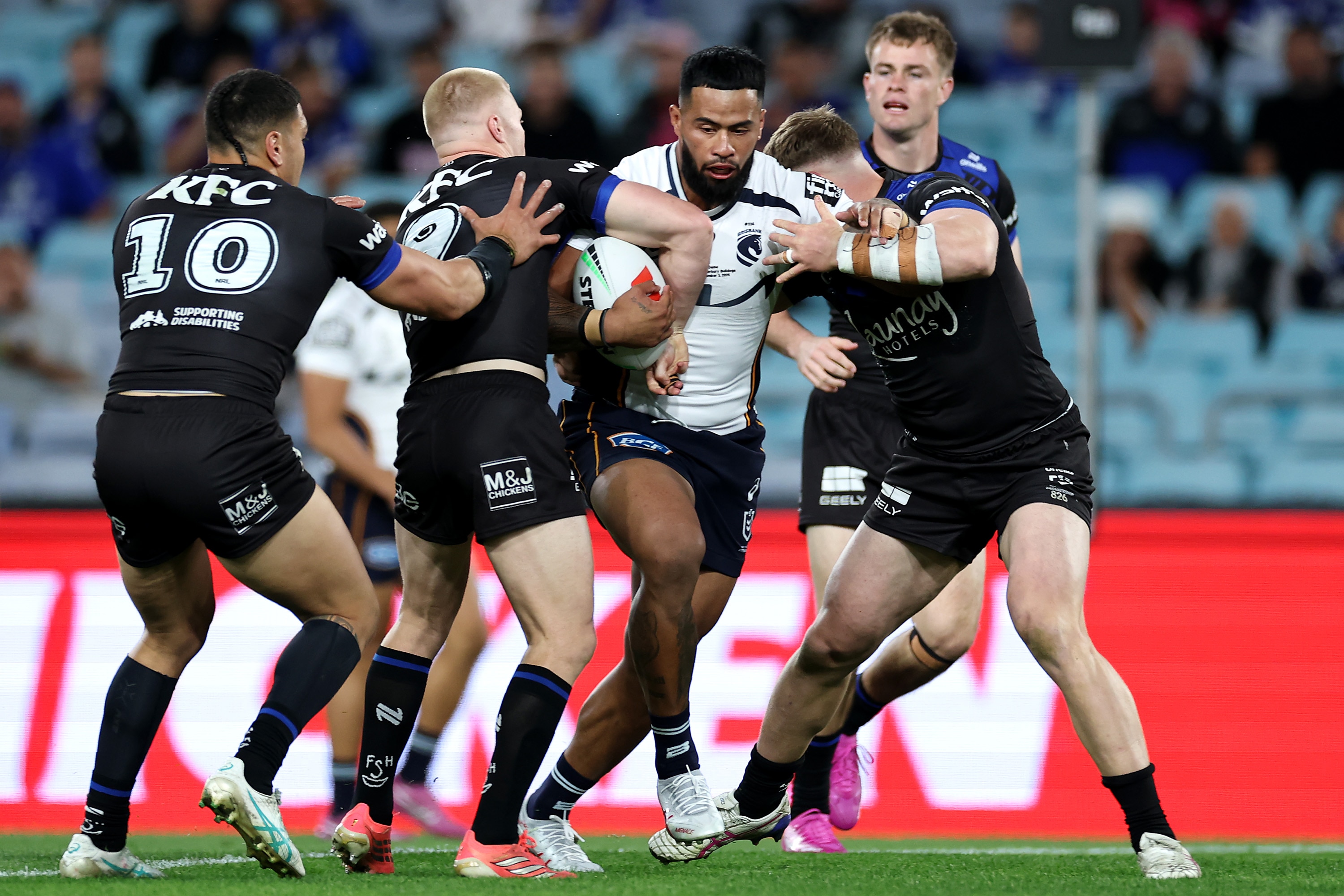 Live: Payne Haas opens final Broncos game with bullocking try against Dogs