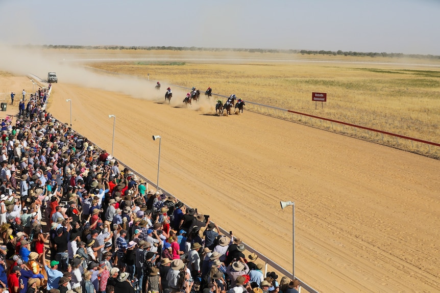 Horses racing on dusty track