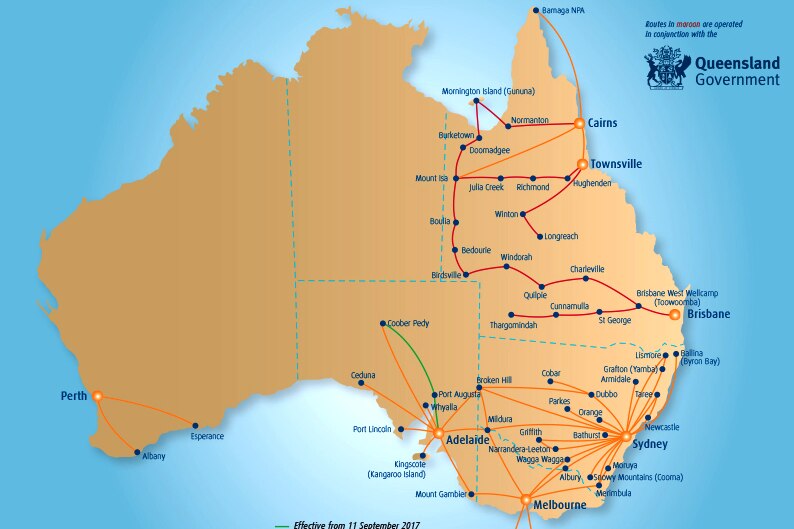 A map of Australia showing the airline's flight routes.