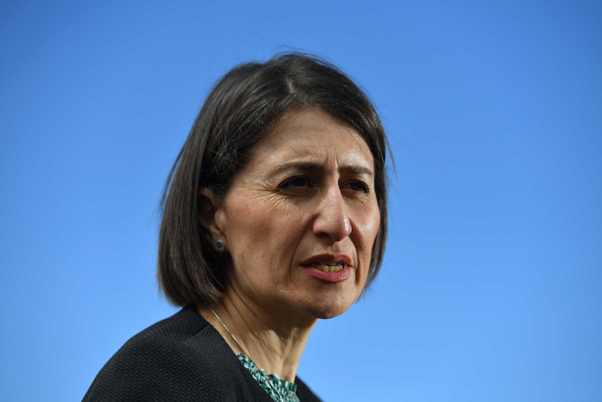 The Premier, brown hair and a serious face, against a blue sky