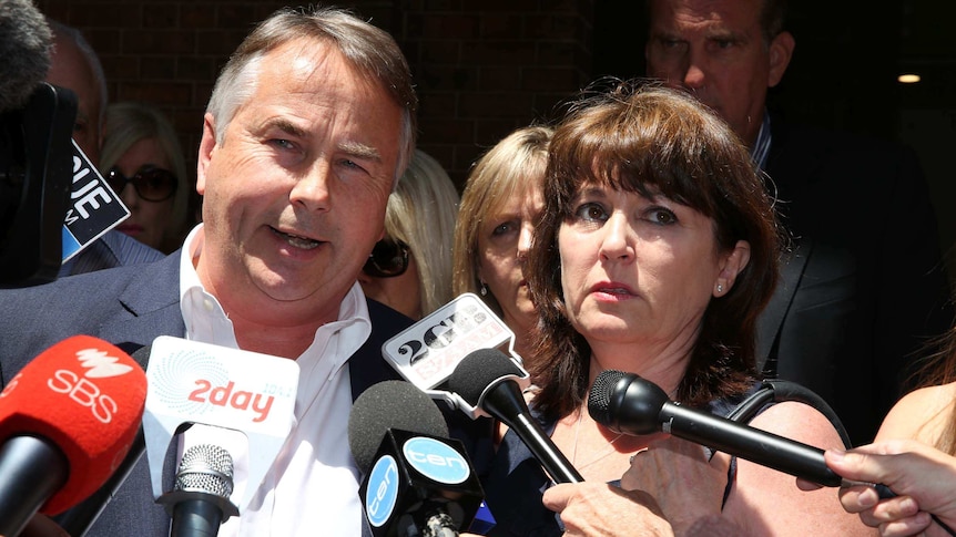 Thomas Kelly's parents Ralph and Kathy speak to the media outside court in Sydney.