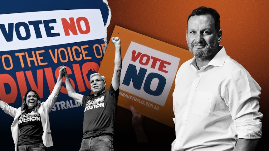 Collage of a man in a polaroid frame with Vote No signage, Jacinta Nampijinpa Price and Warren Mundine