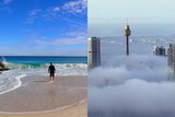 a composite image of a man going into the water at a perth and fog blankets sydney harbour