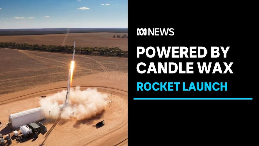 Powered by Candle Wax, Rocket Launch: Aerial vision shows a rocket launching from a desert facility.