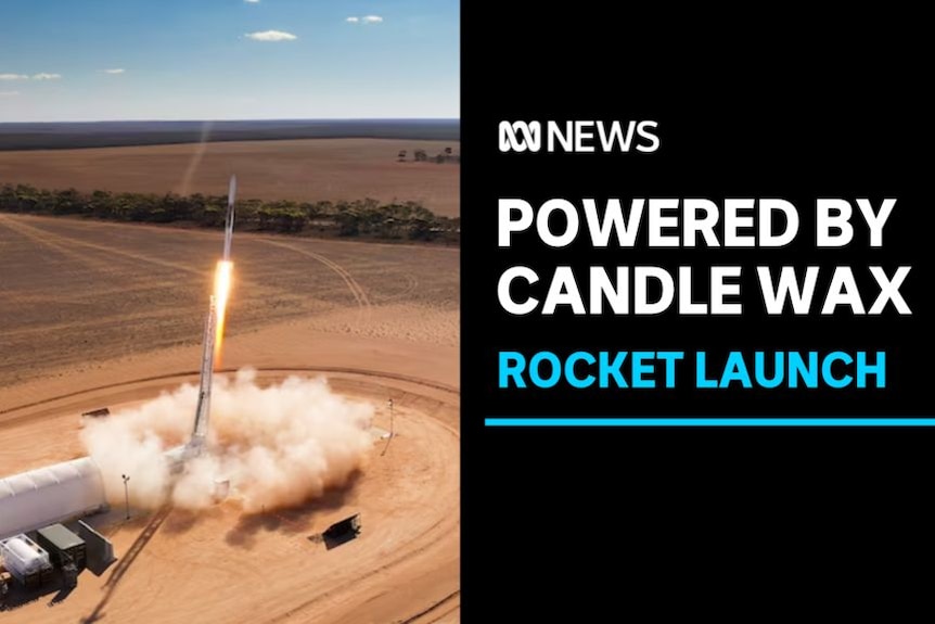 Powered by Candle Wax, Rocket Launch: Aerial vision shows a rocket launching from a desert facility.