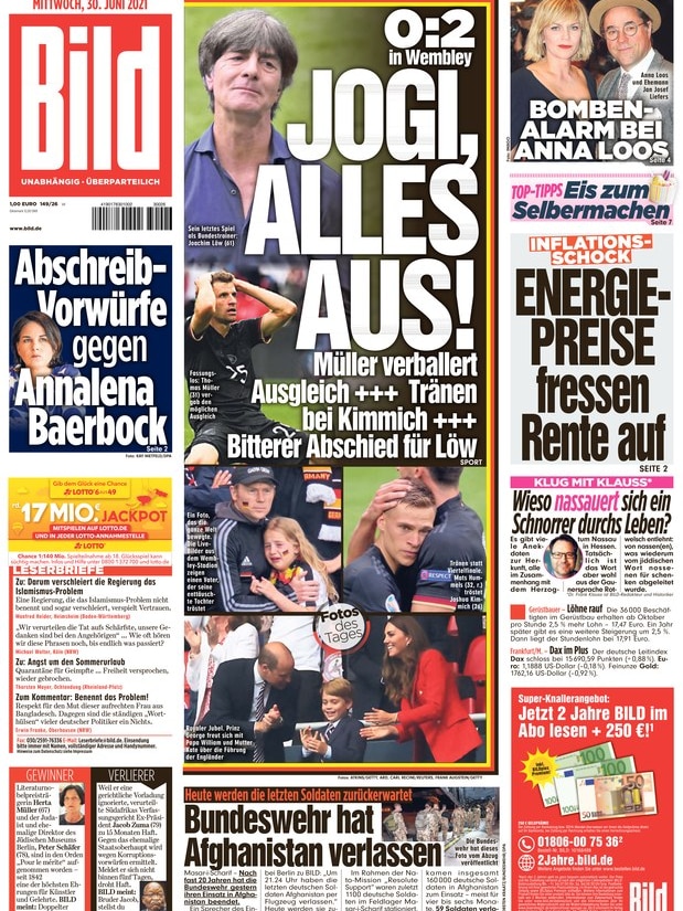 Image of the front page of a German newspaper, with the headline 'Jogi, it's all over'.