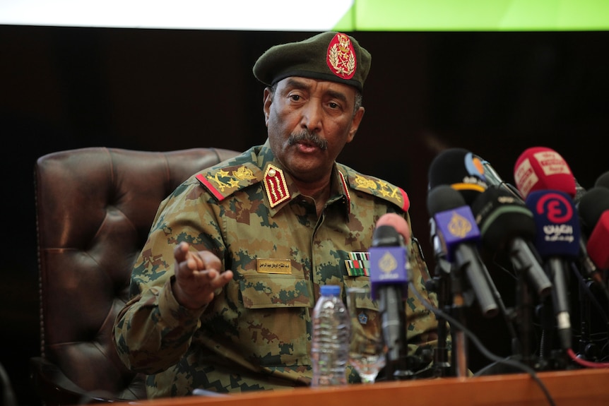 Sudanese military general speak at a press conference in Khartoum after the military coup and deposition of the prime minister.