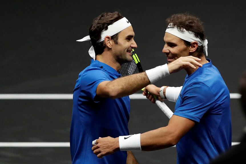 Rafael Nadal and Roger Federer of Team Europe celebrate their doubles win at the Laver Cup.