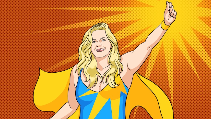 Illustration of Taryn Brumfitt in a superhero outfit and cape 