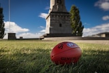 A red football sits on the grass next to Hobart Cenotaph.