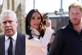 A photo of Prince Andrew in a suit and tie, next to a photo of Prince Harry and Meghan, the Duchess of Sussex.