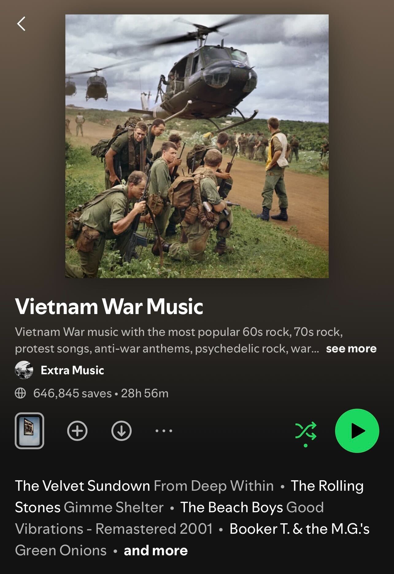A screenshot of the Vietnam War Music playlist on Spotify, featuring an AI-generated image of soldiers and a helicopter.
