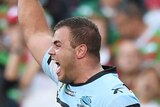 Wade Graham celebrates a try for the Sharks against Souths