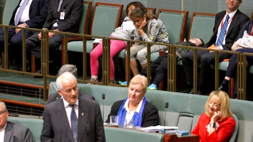 MP Phillip Ruddock delivers his long valedictory speech as three of his grandchildren wait for it to end.