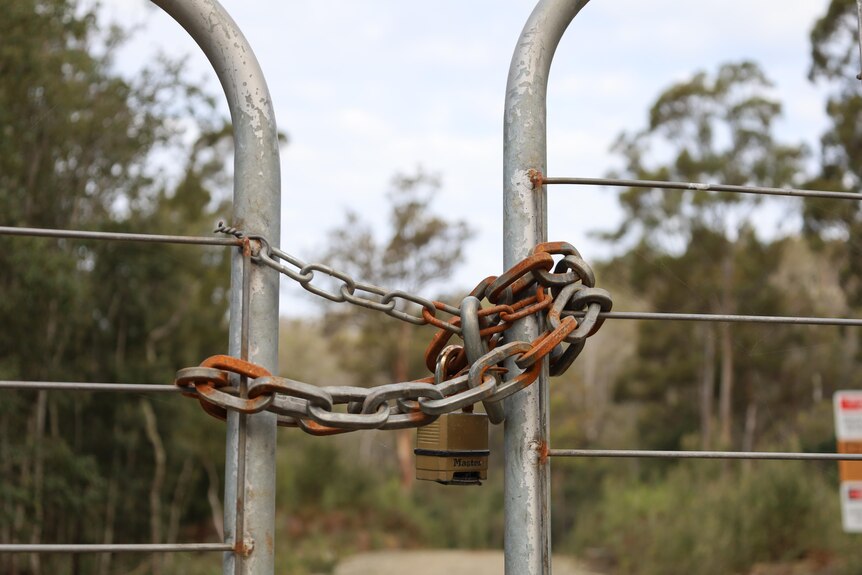A gate is chained closed in front of a dirt road that leads into bushland.