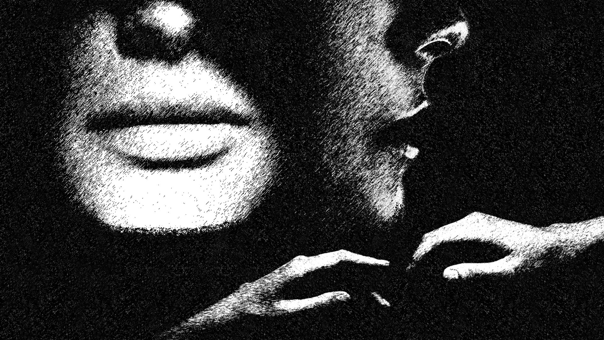 An illustration showing the bottom half of two people's faces and two hands reaching for each other.