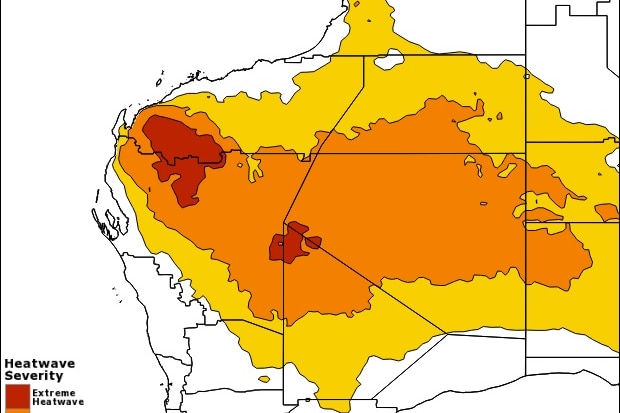 A heatwave map with red colours indicating high temperatures over northern WA