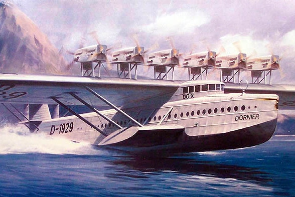 A drawing of a 1920s seaplane taking off from water at speed creating wash behind it