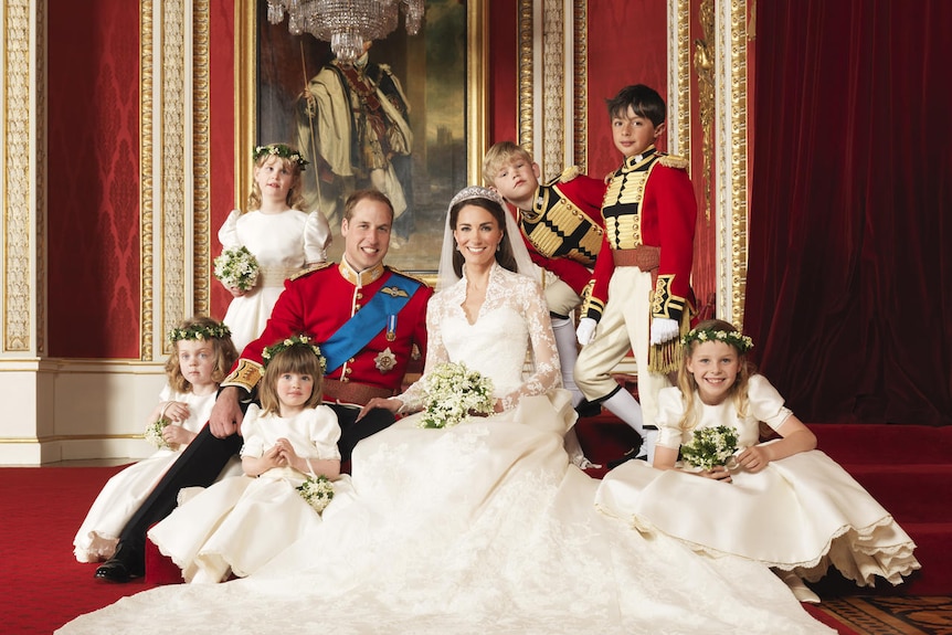 The Duke of Cambridge and Catherine pose with their young bridesmaids and page boys