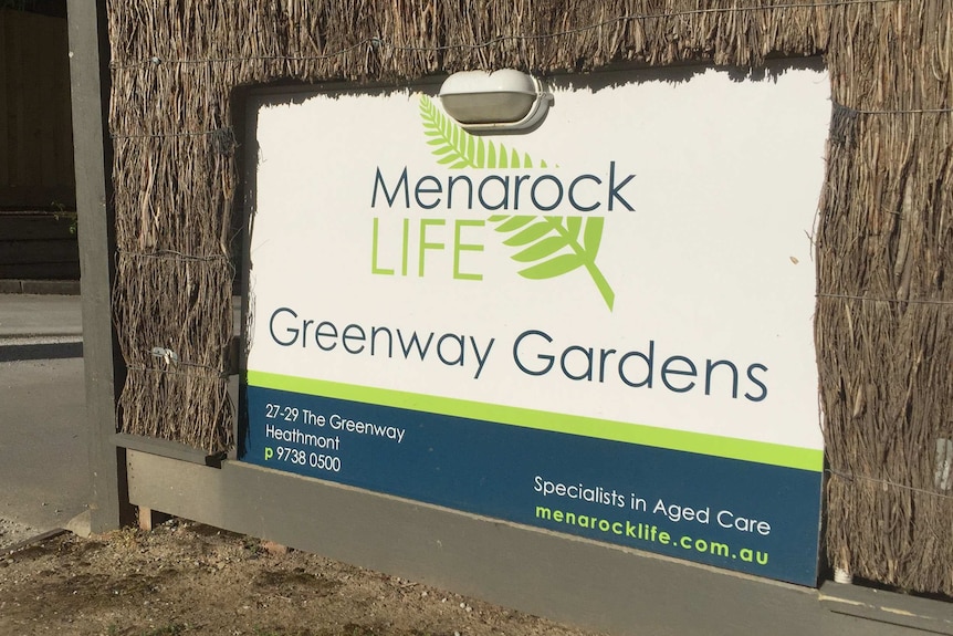 A sign outside Greenway Gardens aged care home.