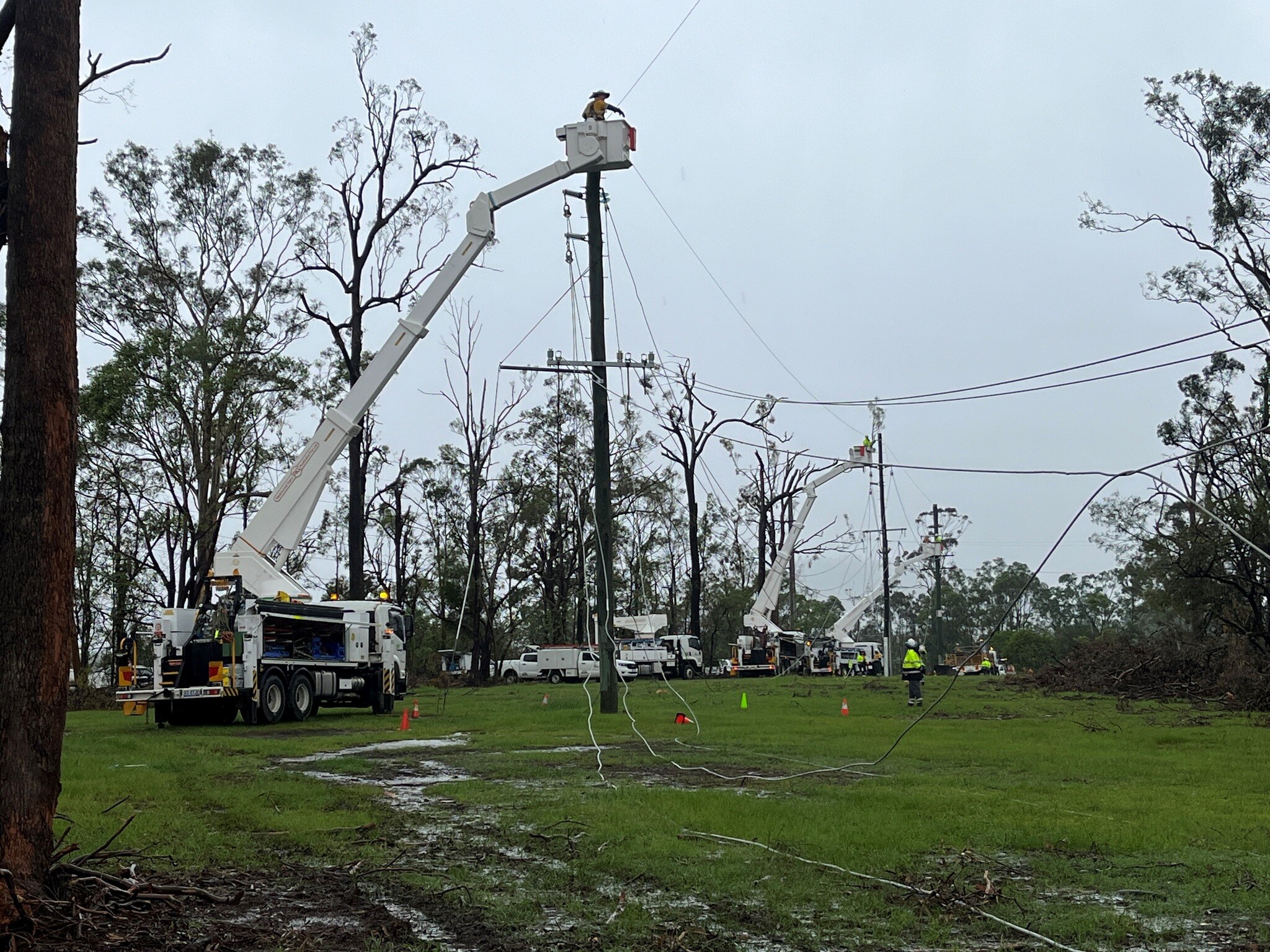 A man in a cherry picker working on a power line. 