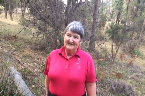 Photograph of an older woman in tracksuit and sneakers, in the bush.