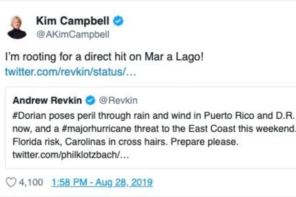 Kim Campbell tweets "I'm rooting for a direct hit on Mar a Lago!"