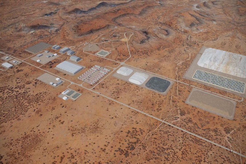 An aerial computer generated image of a mine site