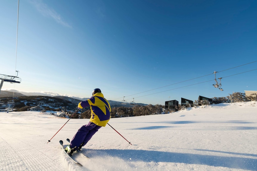 A person in yellow and purple snow gear skiing down a snow-covered mountain.