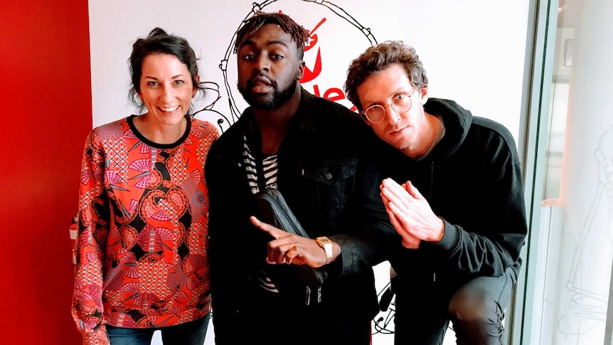 Rapper Kwame with triple j hosts Veronica & Lewis