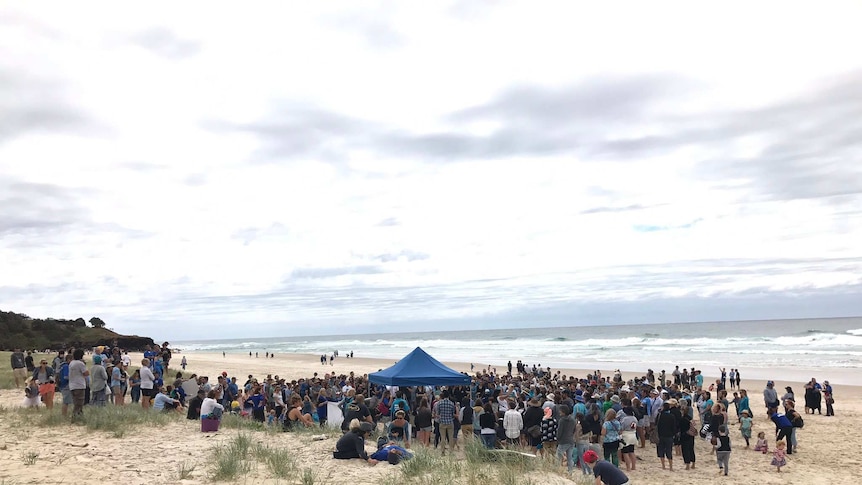 Hundreds of people on a beach.